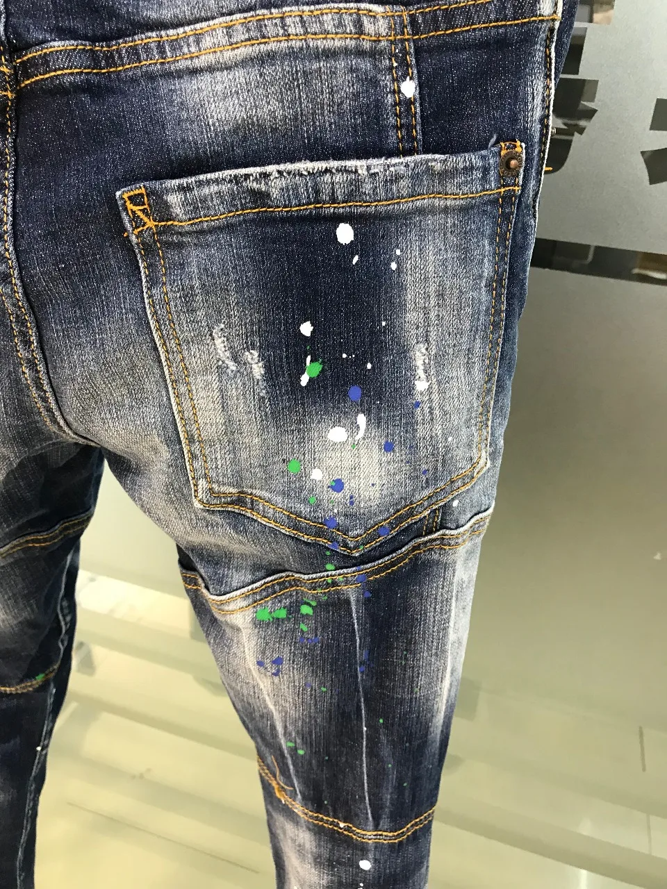 2023 Spring/Summer New D2 Jeans Men's Fashion Men's Water Wash Worn Hole Patch Paint Slim Fit Small Feet Blue