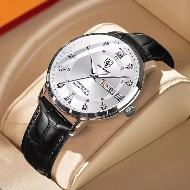 

POEDAGAR Men Watch Fashion High Quality Leather Watches Waterproof Luminous Week Date Top Brand Luxury Quartz Man Wristwatch