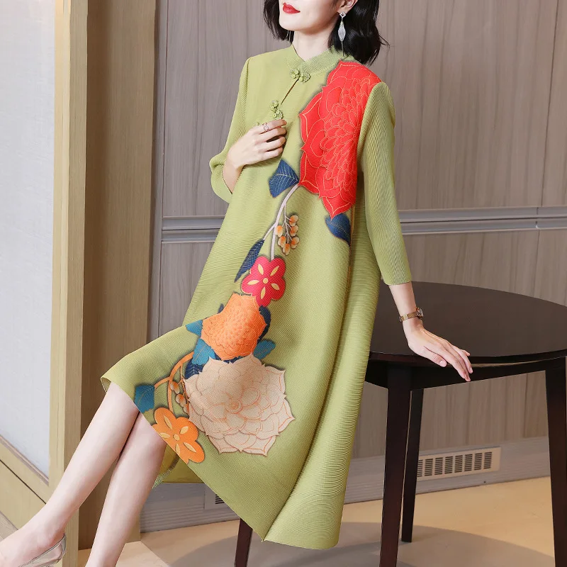 

Miyake pleated women's dress 2022 spring and autumn new Chinese style fashion temperament loose plus size printed dress women