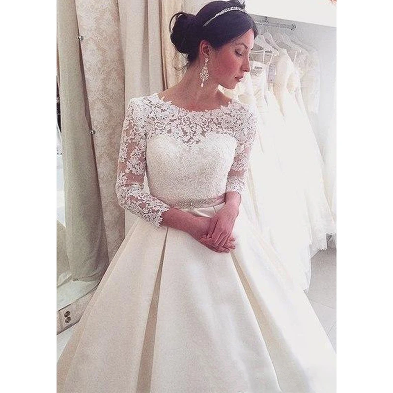 

Beige Women's Wedding Dress Bride Round Neck Open Back Seven Sleeve Floor Skirt Lace 2022 Vestidos Elegantes Para Mujer Sexy