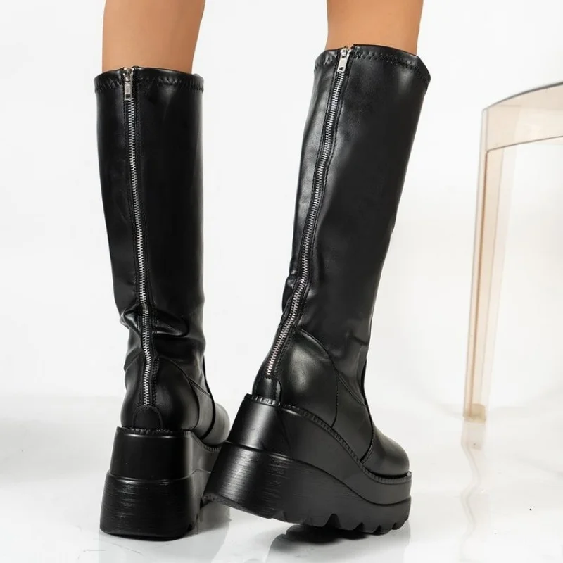 New Ladies High Platform Boots Fashion Zip High Heels Boots Women Wedges Shoes Woman Casual Boots Heels Plus Size 35-43