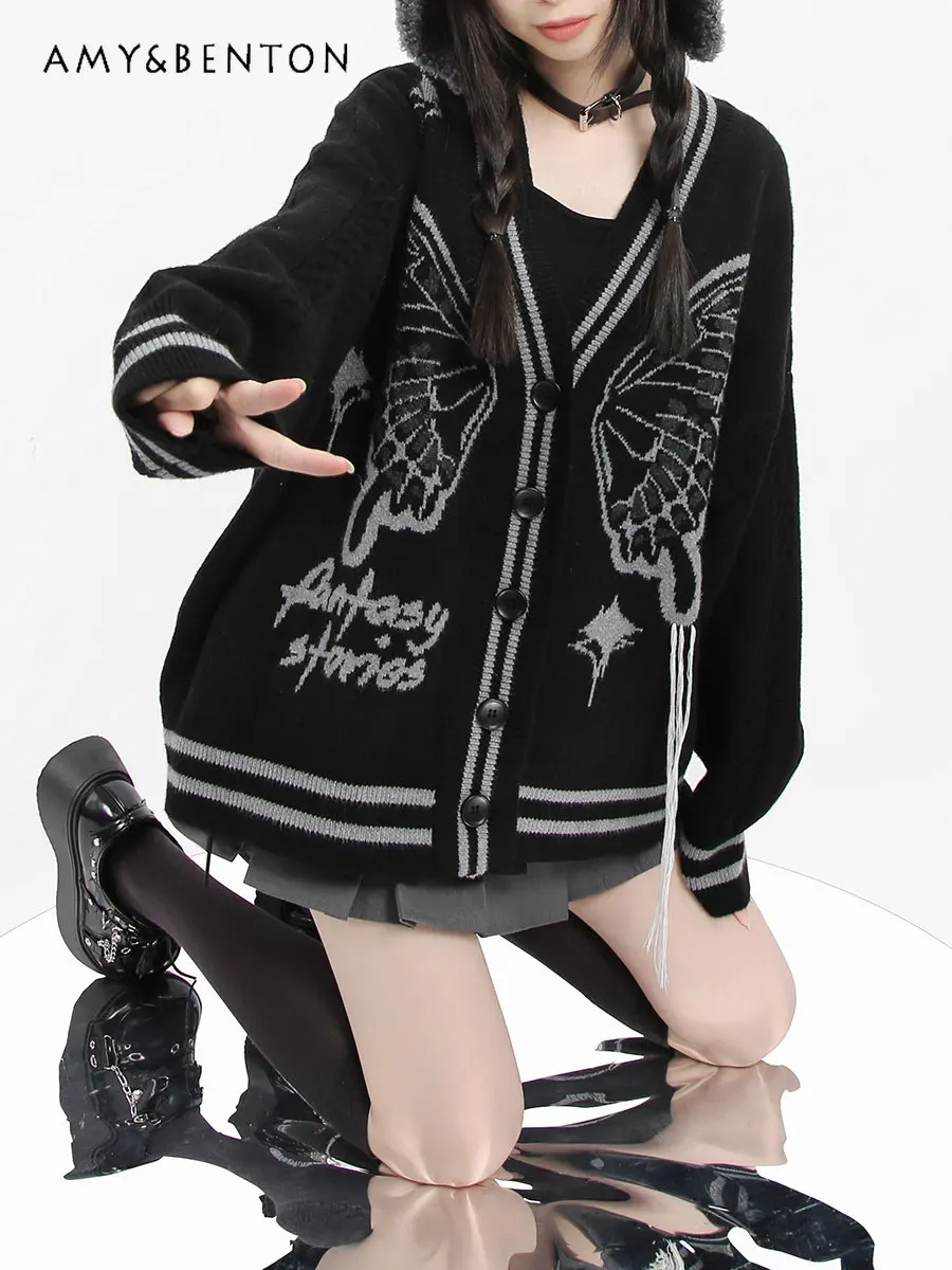 Women's Butterfly Wings Tassel Knitted Cardigan Autumn and Winter Cool Sweater Coat Female Long Sleeve Casual Jacket