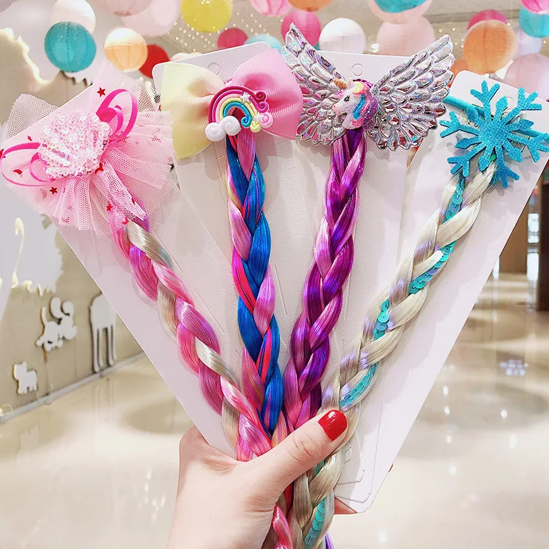 Cute Girls Bangs Side Hair Clip Wig Hairpin Twist Braid Headwear Princess Kawaii Bows Rainbow Unicorn Wings for Baby Accessories