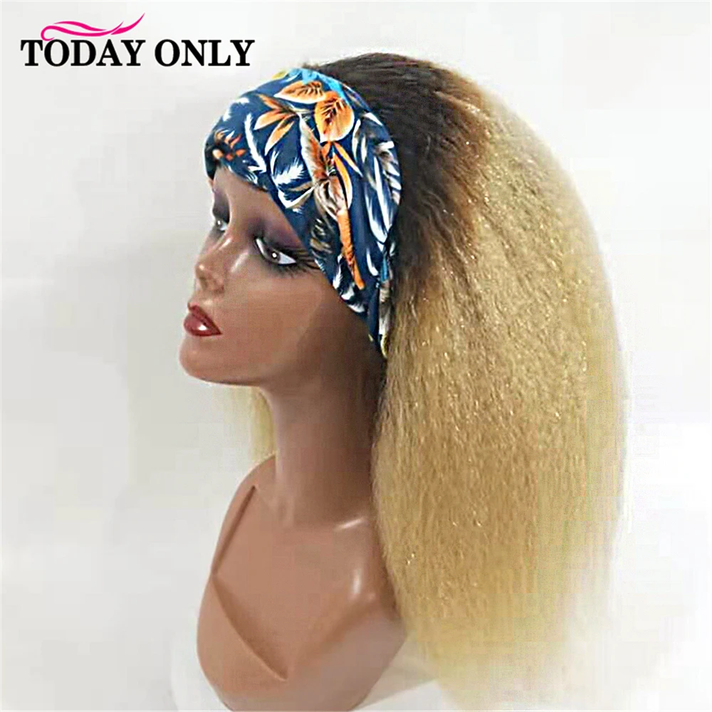 Kinky Straight Headband Wig Human Hair Wigs For Black Women Ombre 1b/27 Brazilian Glueless Scarf Wig No Gel Glueless Remy