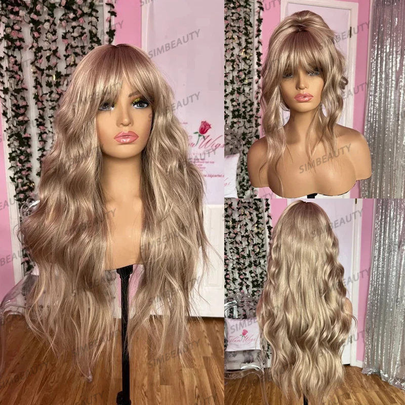 

Glueless 100% Human Hair Women Wigs with Bangs Champagne Blonde Natural Remy Long 30Inches Wavy 13x6 Transparent Lace Front Wigs