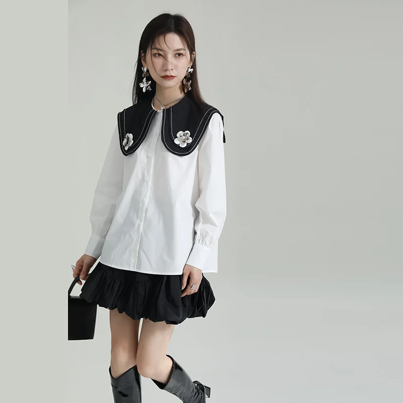 

Женская блузка с длинным рукавом, Повседневная Свободная двухслойная блузка в уличном стиле с воротником «Питер Пэн», модель 2023 на весну, 3893