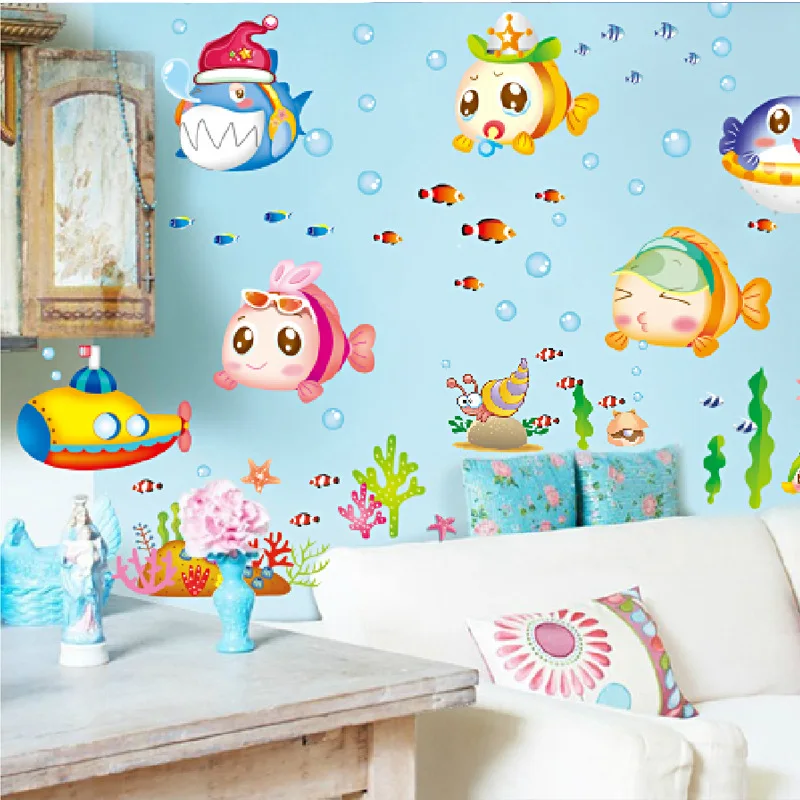 

Children's Room Wall Stickers Small Fish Background Decorative Stickers Underwater World Cartoon Giant Salamander Cute Stickers