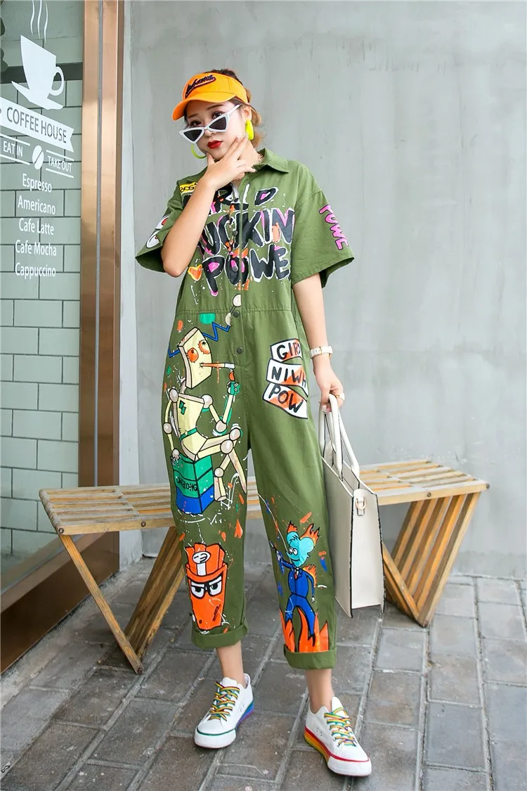 

URIOR Black Army Green Orange Cartoon Graffiti Printed Women Jumpsuits 2023 Summer Women Wide Leg Pants Rompers Hip Hop