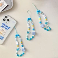 fashion acrylic durable irregular delicate heart shaped bear blue beaded decoration mobile phone chain pop pendant key anti lost