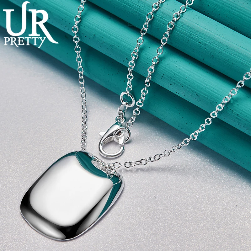 

URPRETTY 925 Sterling Silver Smooth Square Pendant Necklace 16/18/20/22/24/26/28/30 Inch Chain For Woman Wedding Jewelry