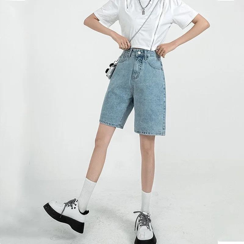 

2023Casual shorts, Knee-length Denim Shorts Women Casual High Waist Wide Leg Shorts Summer Solid Five-point Pants Blue Black