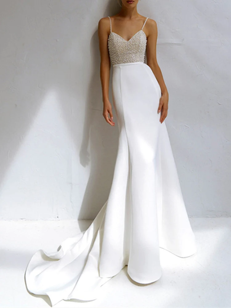 

Женское свадебное платье с юбкой-годе, Белое Атласное длинное платье на тонких бретельках, расшитое бисером, 2022