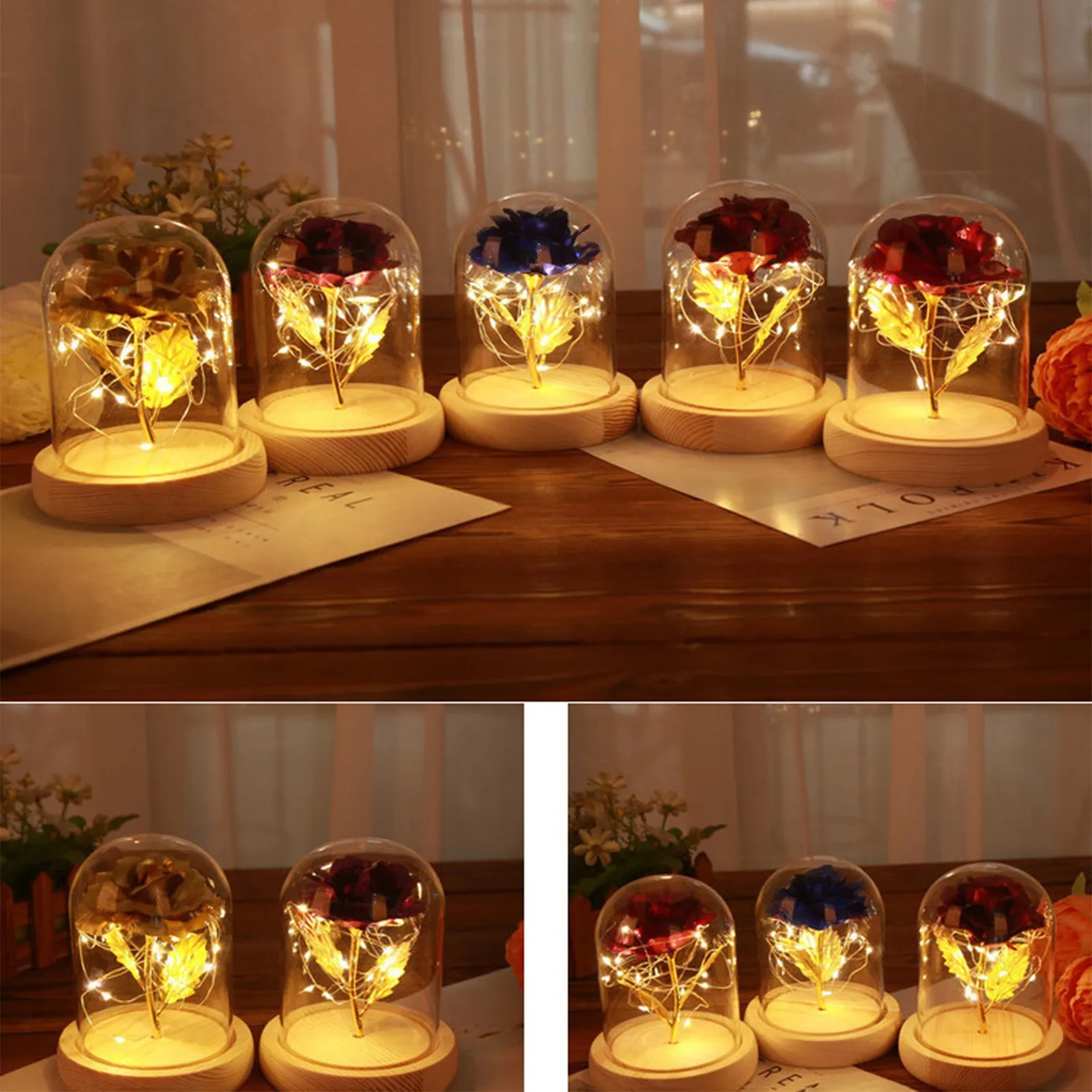 

Solar Light Garden Gnome Glass Cover Gold Foil Rose Mother's Day Valentine's Day Gift Christmas Ornament Set Shatterproof