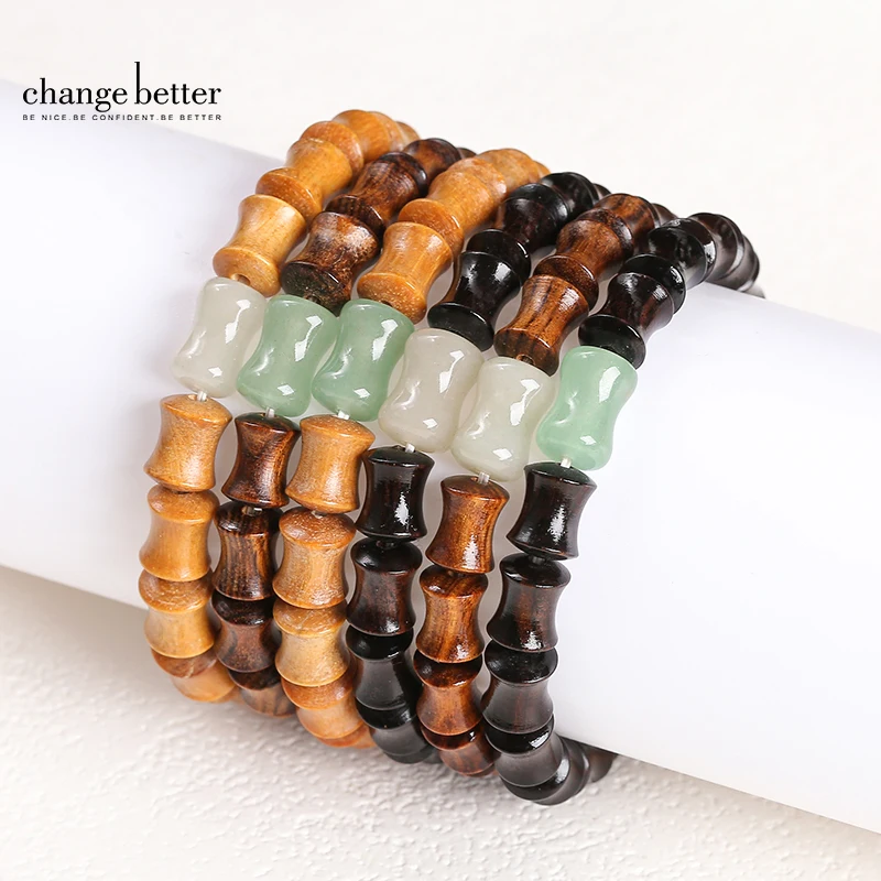 Женский браслет из сандалового дерева и нефрита в форме бамбука