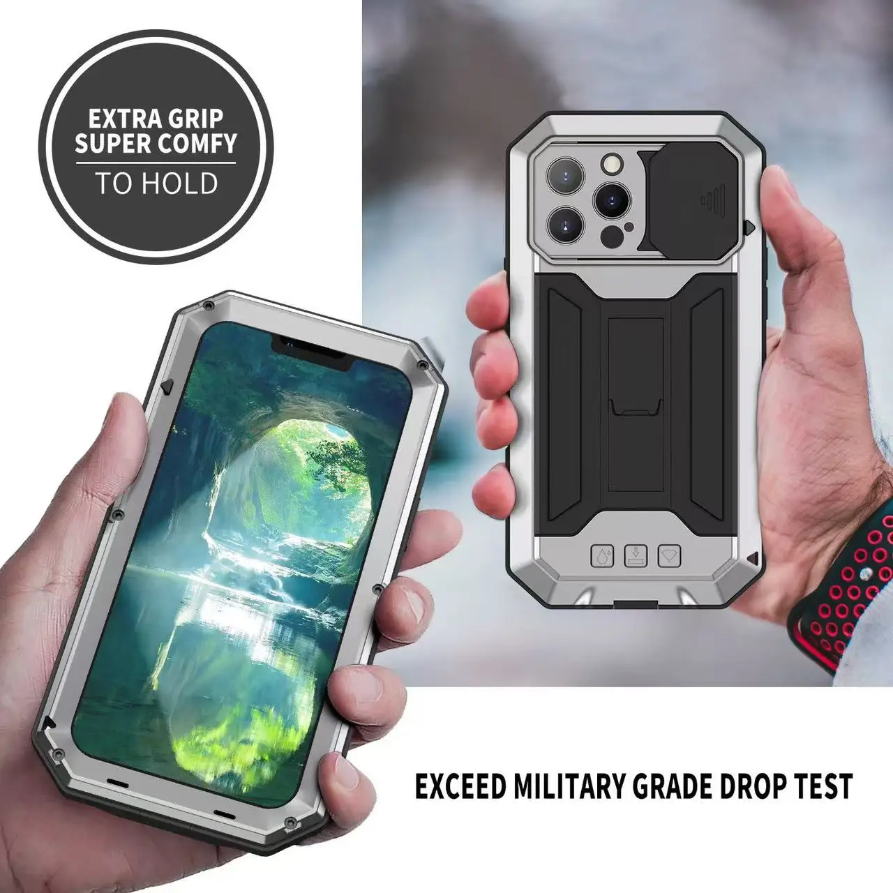 Фото Противоударный металлический чехол для iPhone 14 15 16 17 Pro Max Plus с выдвижной защитой камеры и встроенной защитой экрана, гибридный чехол на весь корпус №1