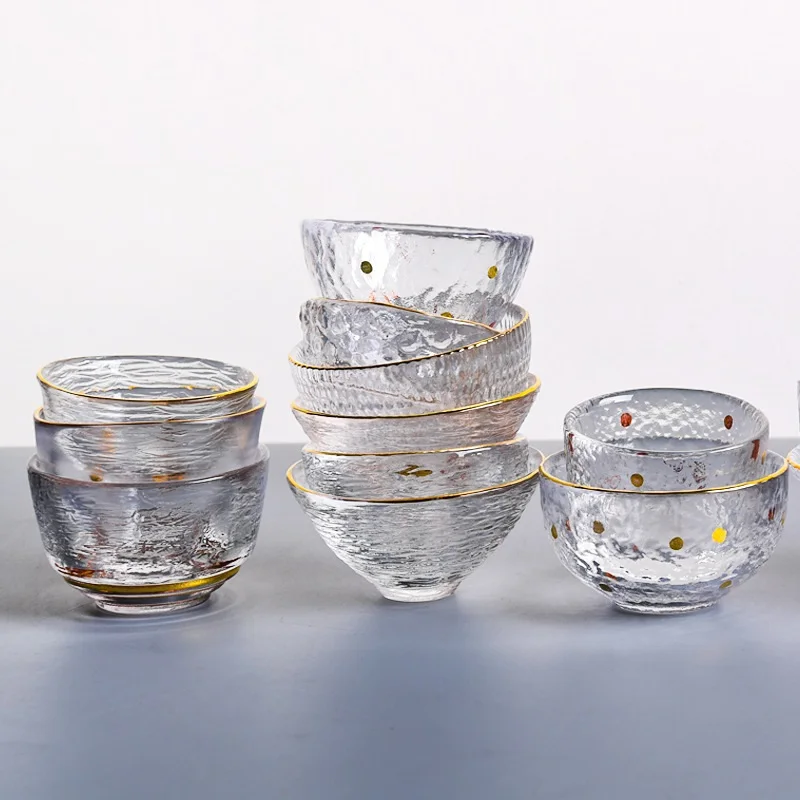 

Japanese Coffee Cup Transparent Glass Gold Point Hammer Stripe Mini Teacup Set Drinkware Master Tea Tasting Cup Water Bottle