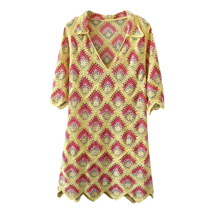 

French Retro Style Lapel Short-sleeved Dress Women's Summer New Short Diamond Lattice Hook Flower A-line Dress