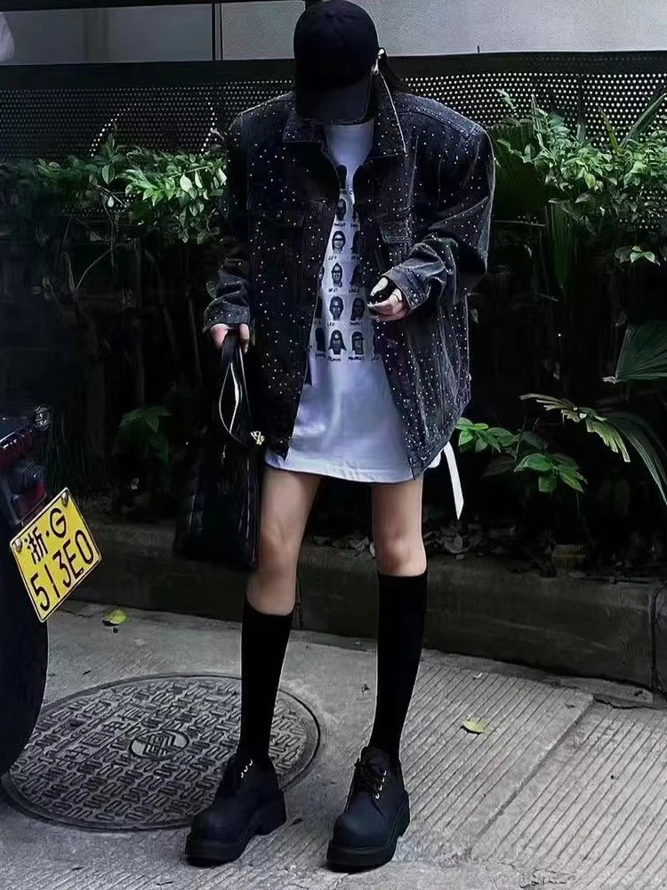 BKQU Женская Блестящая куртка большого размера черные джинсовые пальто 2024 модное