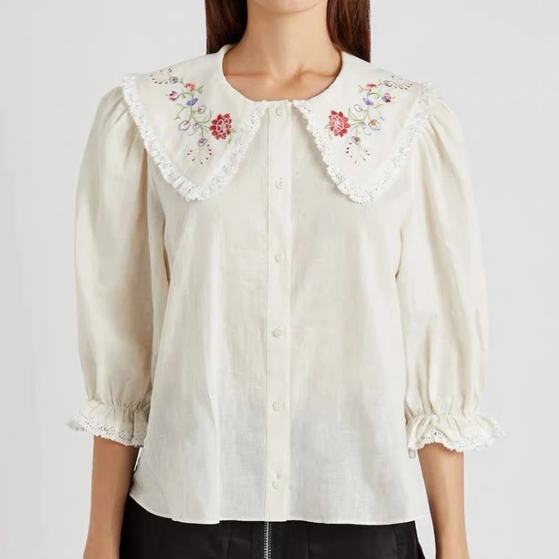 

Retro Embroidered Print Doll Collar Half Sleeve Shirt Cotton Women's 2022 New Lace Edge Temperament Sweet Blouse Top Female