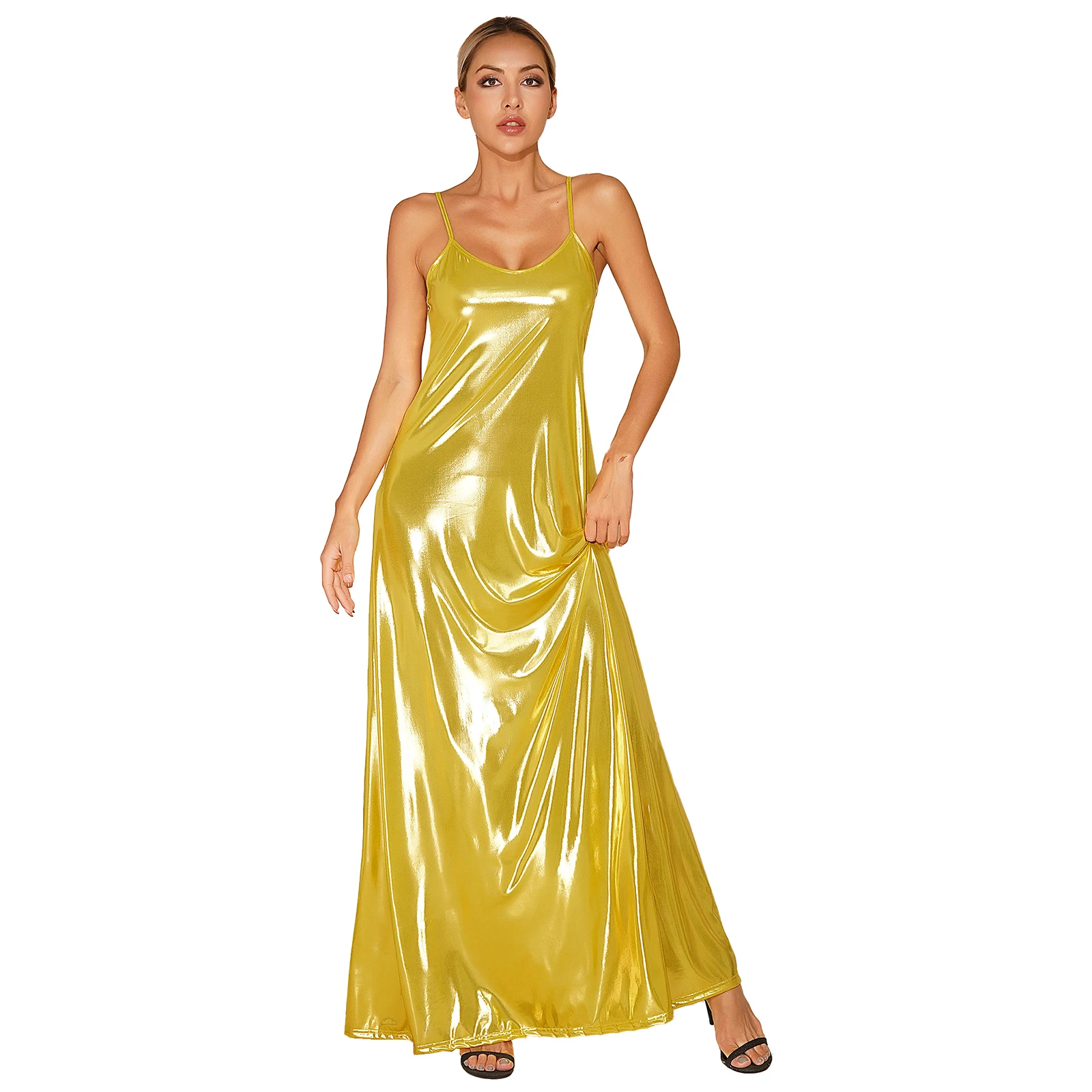 

Женское блестящее платье макси без рукавов с металлическим блеском, регулируемые платья на бретелях с V-образным вырезом и открытой спиной для клуба, коктейля