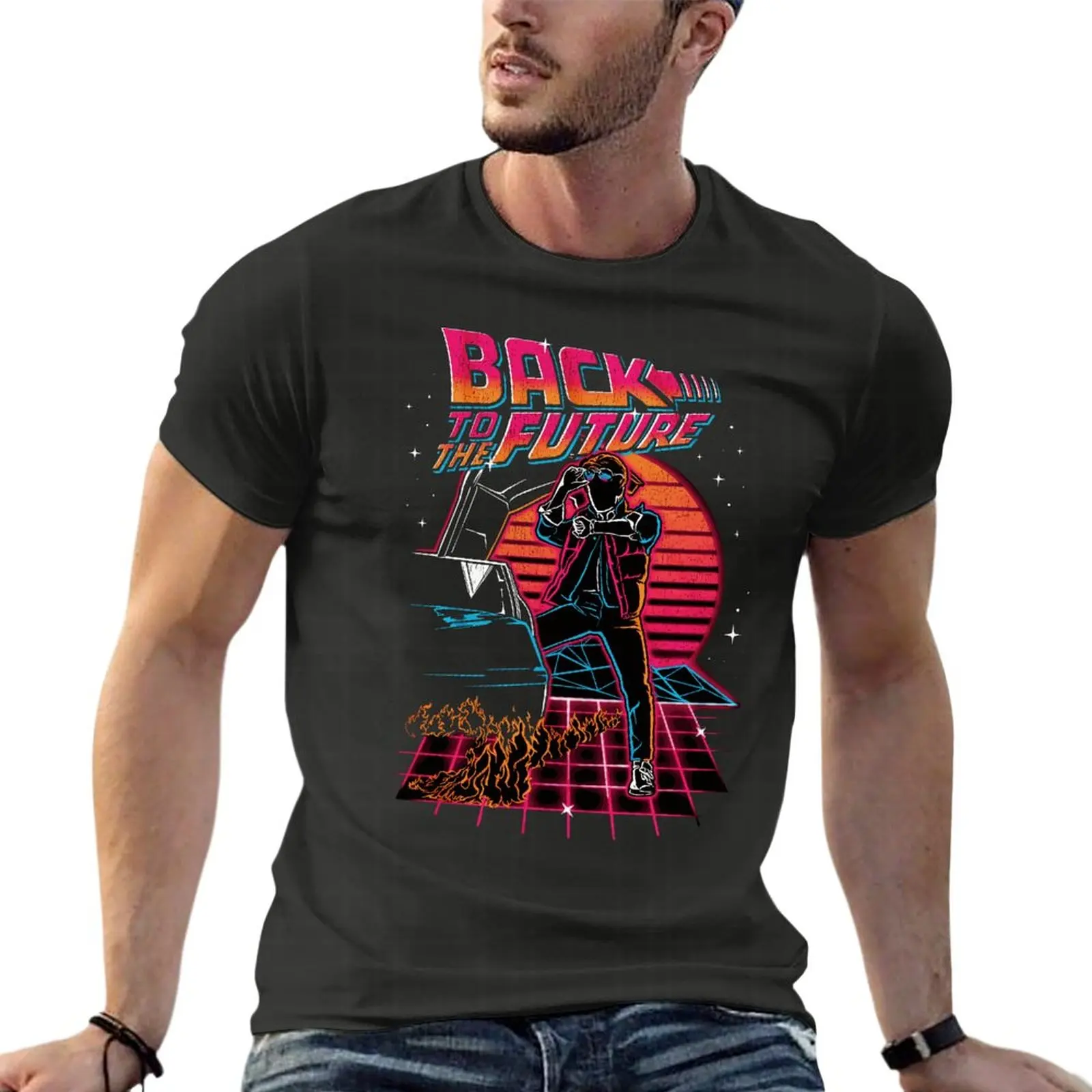 

Back To The Future Neon Sunset Movie Oversize T-Shirt Harajuku Mens Clothes 100% Cotton Streetwear Plus Size Top Tee