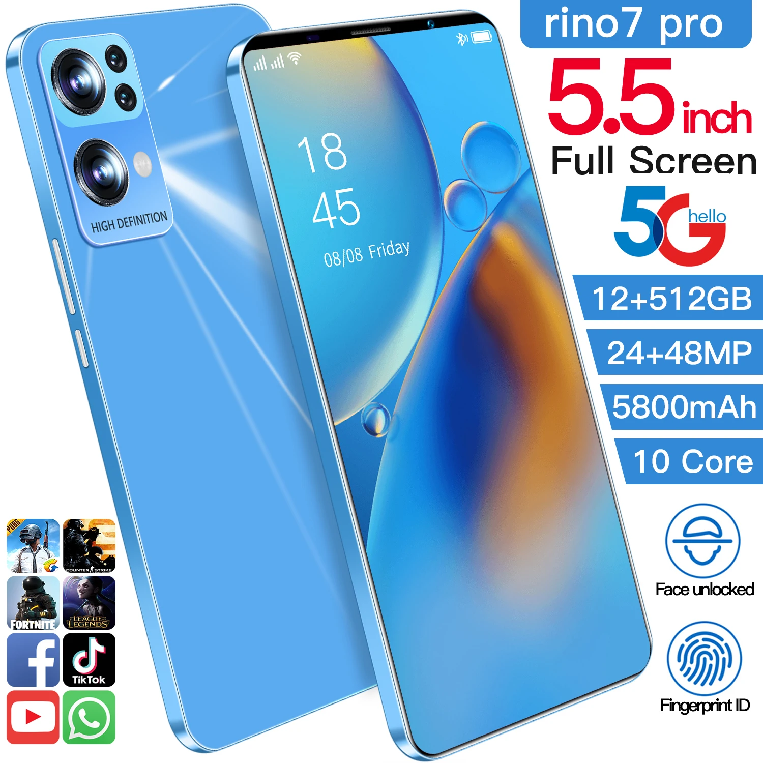 

2022 смартфон Rino 7 Pro, новый сотовый телефон с большим дисплеем, искусственная кожа, 5,5 дюймов, HD экран, 12 Гб + 512 ГБ, смартфон с двумя SIM-картами