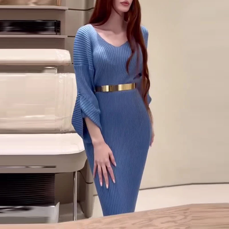 Женское повседневное однотонное тонкое длинное платье с длинным рукавом