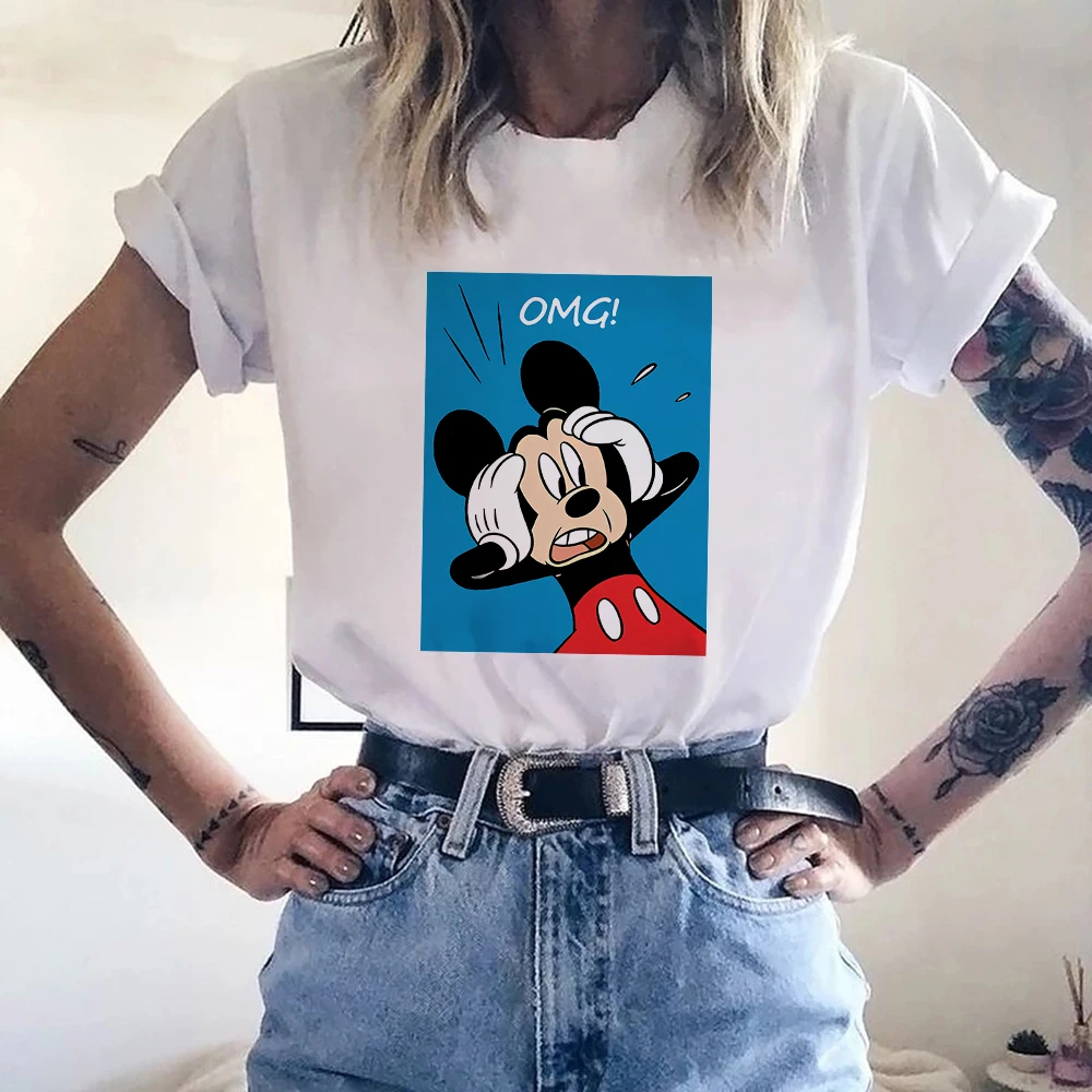 

Disney Лидер продаж, женская футболка, летняя новинка, Микки Маус, OMG, графический принт, женские белые топы с коротким рукавом, футболки, модные, Прямая поставка