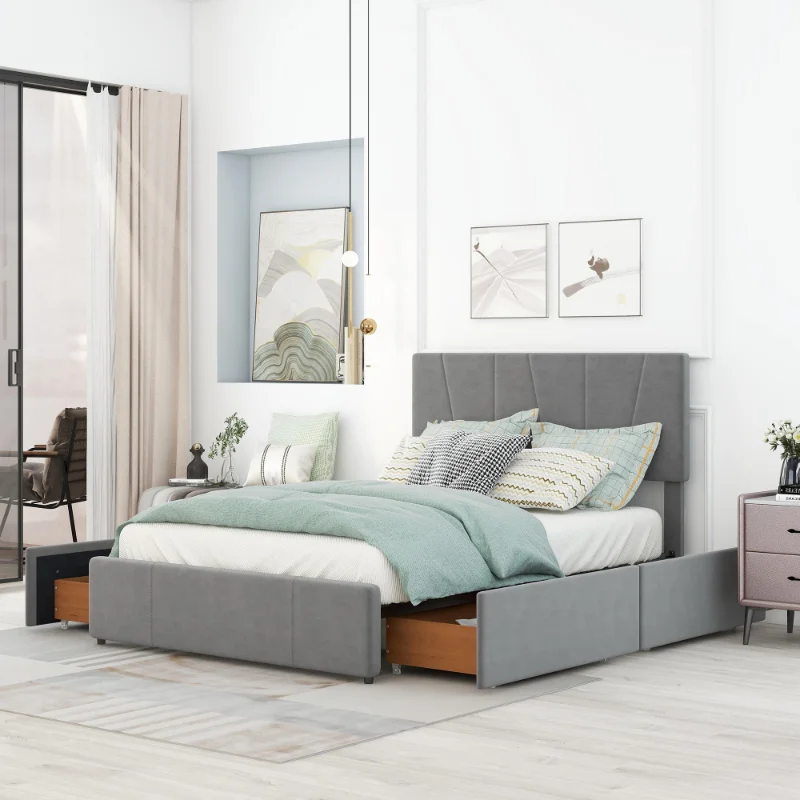 

Full Size Upholstered Platform Bed with Four Drawers on Both Sides Adjustable Headboard with Metal and Wood Bed Frame Gre