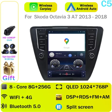 9,7 Android 14 для Skoda Octavia 3 A7 2013-2018 Tesla Style Автомобильный радиоприемник 4G CarPlay Стерео Мультимедийный плеер Интеллектуальные системы