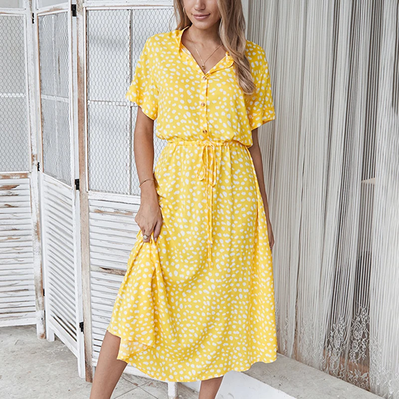

Women's Bohe Polka Dot Long Dresses Summer High Waist Short Sleeve Shirt-Neck Dress Ladies Elegant Beach Party Dresses Vestidos
