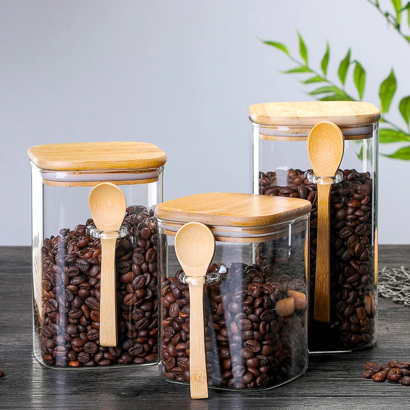

Glass Sealed Storage Jar with Wooden Cover Bamboo Spoon Coffee Bean Cans Kitchen Supplies Milk Powder Tea Box 800ml-1200ml New