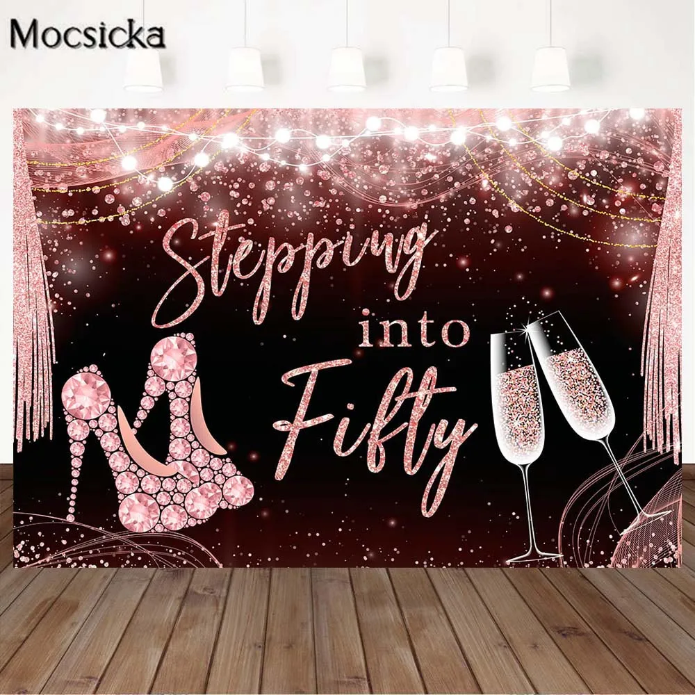 Stepping into Fifty 50th Birthday Party Photo Background Glitter Pink Spots High Heels Women Birthday Photography Backdrop Decor