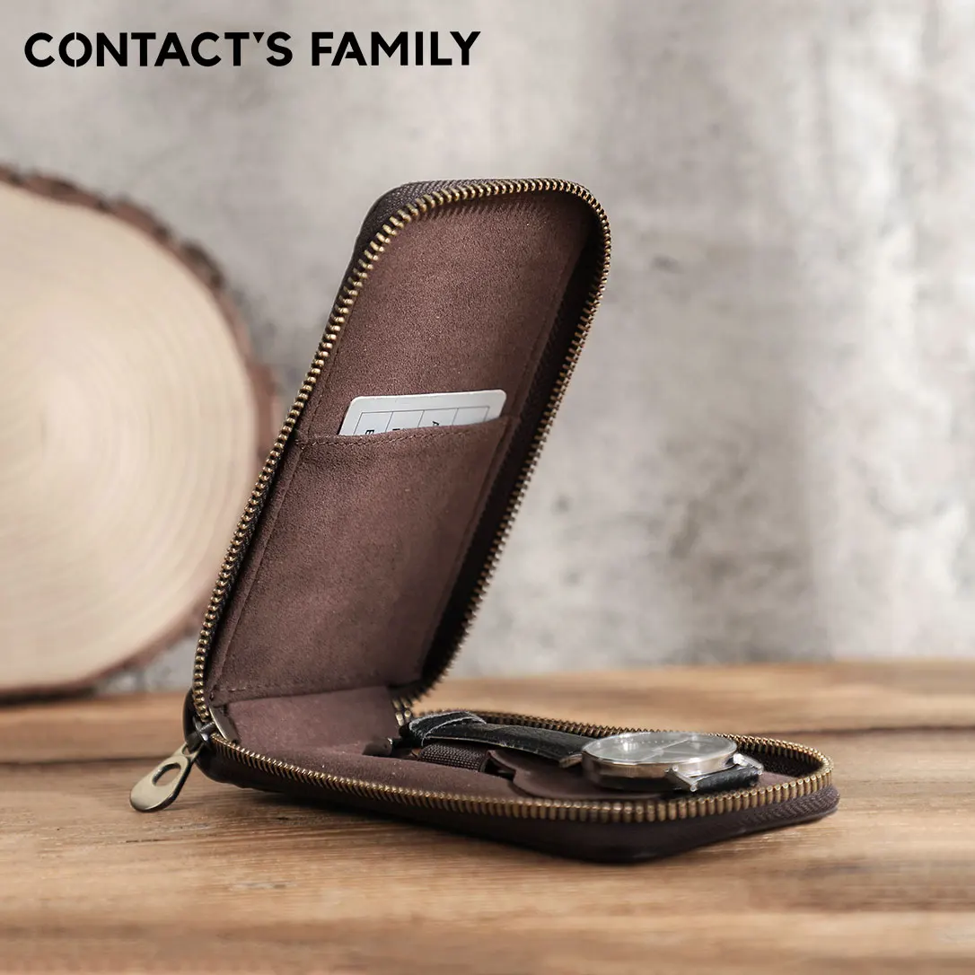 CONTACT'S FAMILY Genuine Leather Vintage Handmade Watch Pouch Travel Portable Leather Organizer with Card Slot Zipper Case
