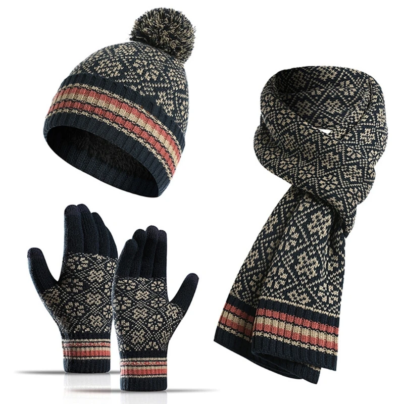 

Unisex Winter 3Pcs Pompom Beanie Hat Long Scarf Touch Screen Gloves Set Geometric Floral Jacquard Plush Lined Skull