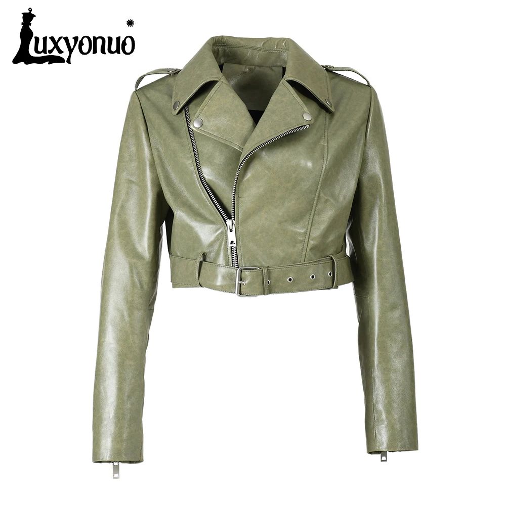 

Женская байкерская куртка Luxyonuo на молнии, Укороченное пальто из натуральной кожи с поясом, Весенняя модная куртка из натуральной кожи для осени