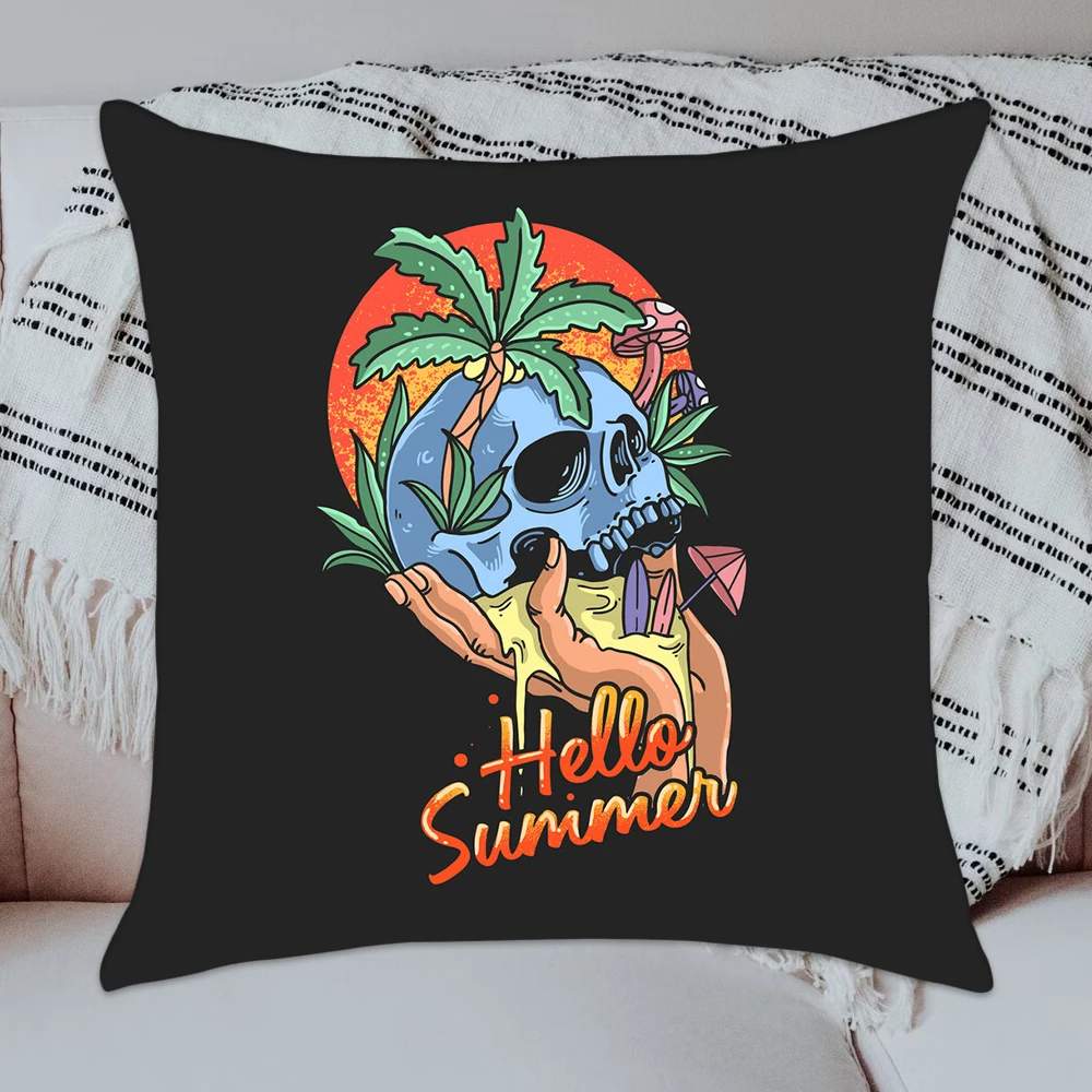 

Hello Summer Beach Skull Throw Pillow Cover Home Decorative Living Room Sofa Cushion Cover Outdoor Camping Pillow Case 45x45cm