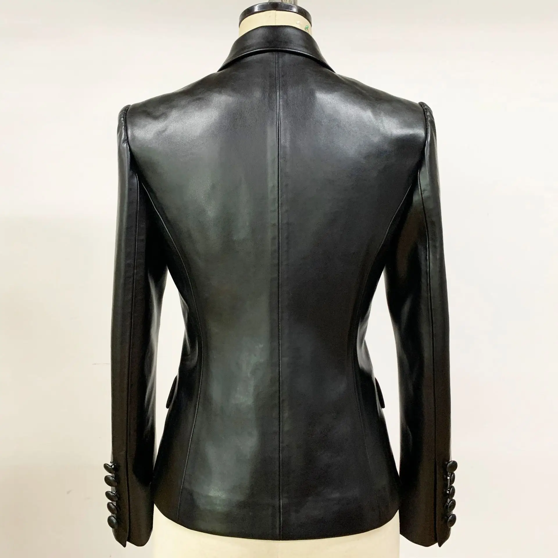 LXUNYI Black Leather Blazers Women Spring Autumn Slim Double Breasted Fashion Woman Faux Leather Jacket High Quality Formal Coat