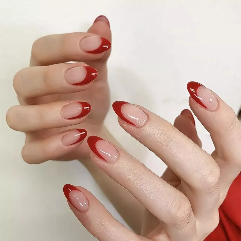 

Red Edge Short Almond False Nails French Stiletto Fake Nails Full Cover Nail Tips Press On Nails with Glue Manicure Tool