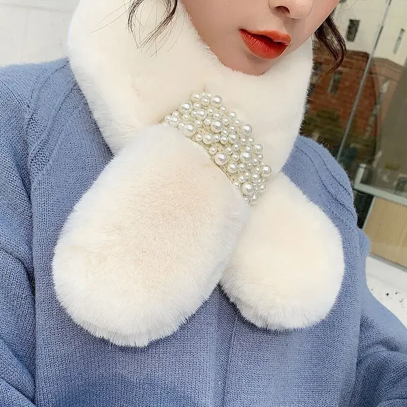 Зимний шарф FAN женский жемчужный с имитацией кроличьего меха плюшевый толстый