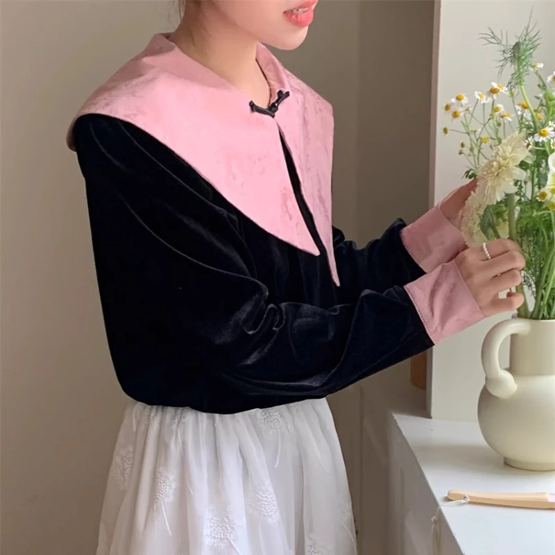 Новинка Вельветовая рубашка Neploe в китайском стиле с воротником Питер Пэн для