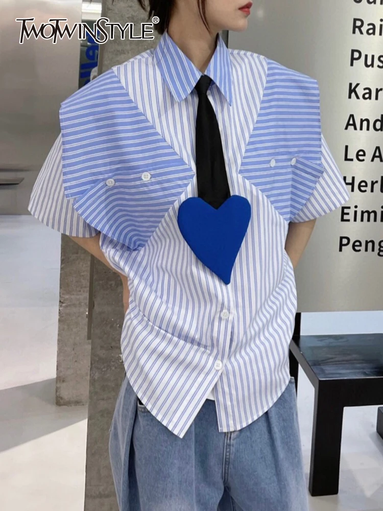 

TWOTWINSTYLE Streetwear Striped Shirt For Women Lapel Short Sleeve Patchwork Colorblock Blouses Female Summer Clothing Fashion