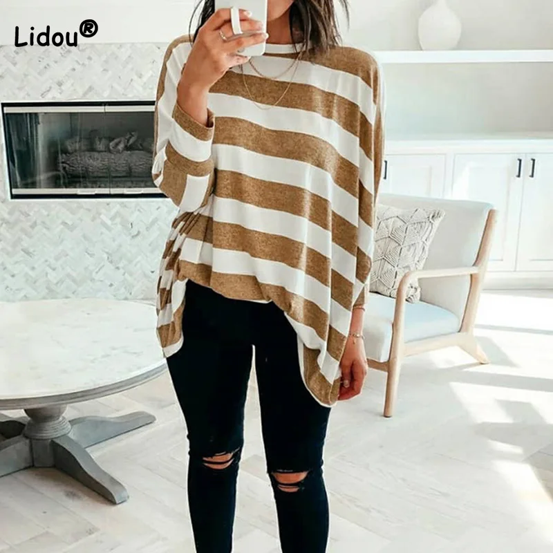 Купи Women's Clothing Fashion Striped Printing Crew Neck Loose Long Sleeve T-Shirt Spring Summer Casual Pullover Long Section Tops за 1,012 рублей в магазине AliExpress