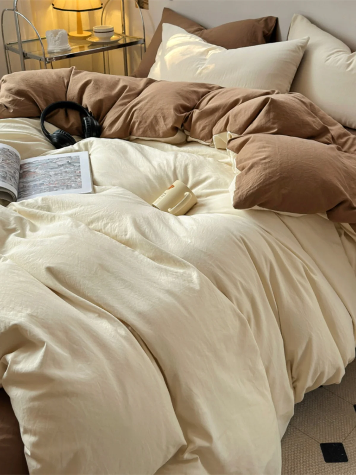 Soft Glutinous Skin-friendly Washed Cotton Quilt Cover Bed Sheet Three-Piece Set Simple Japan fashion Solid 200 X230 Double Q...