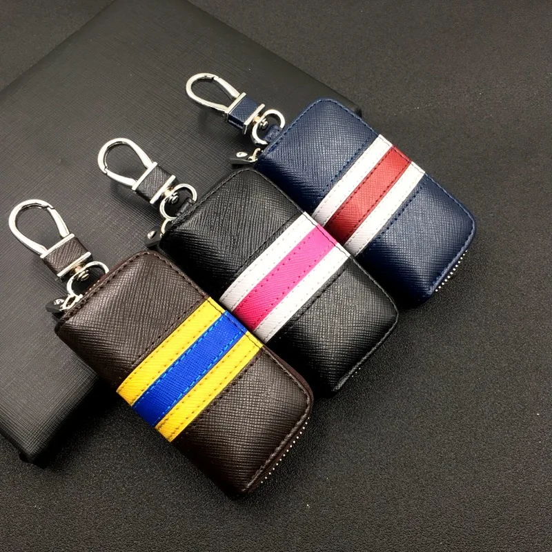 

Leather Striped Zipper Bag Car Key Case Universal Personalized Customized Remote Control Case for Men and Women
