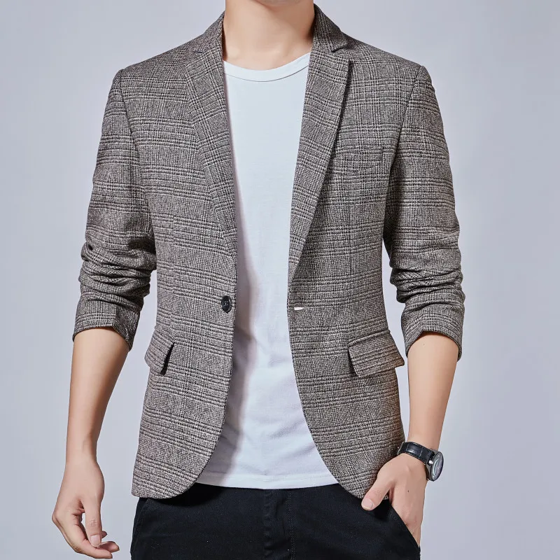 

Мужской Корейский приталенный Блейзер, Мужской Хлопковый клетчатый костюм, Офисная куртка на одной пуговице, мужские блейзеры, Мужское пал...