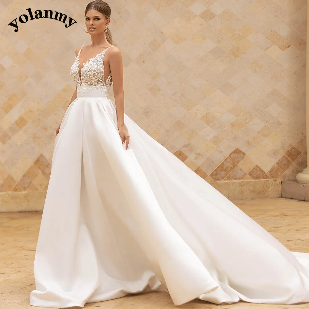 

YOLANMY Glamorous Satin Wedding Dresses V Neck For Mariages Brides Party Lace Appliques Vestido De Casamento Customised