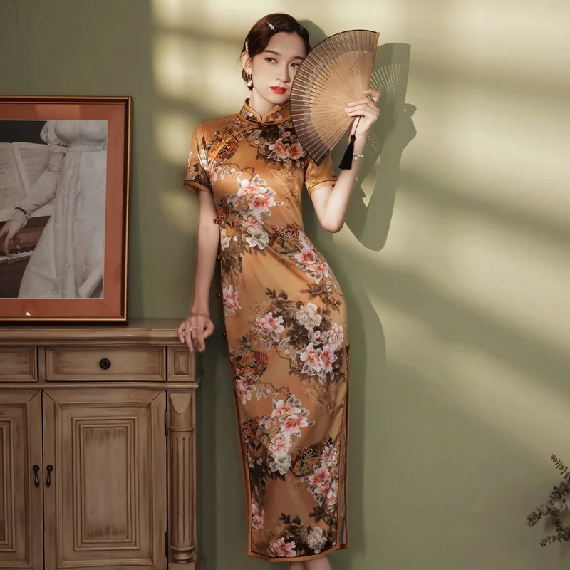 

Chinese Traditional Evening Dress Peony Floral Printed Cheongsams Elegant Satin Slim Mandarin Collar Women’s Retro Button Qipao