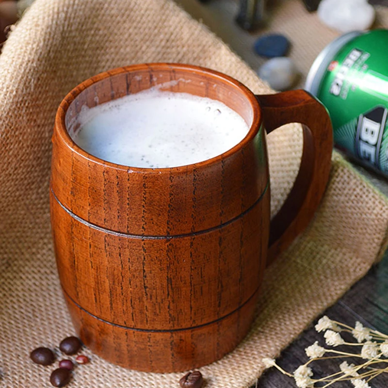 

Natural Wooden Beer Mug Large Capacity Retro Classic Coffee Tea Water Drinking Cup with Handle Kitchen Drinkware Friend Gift