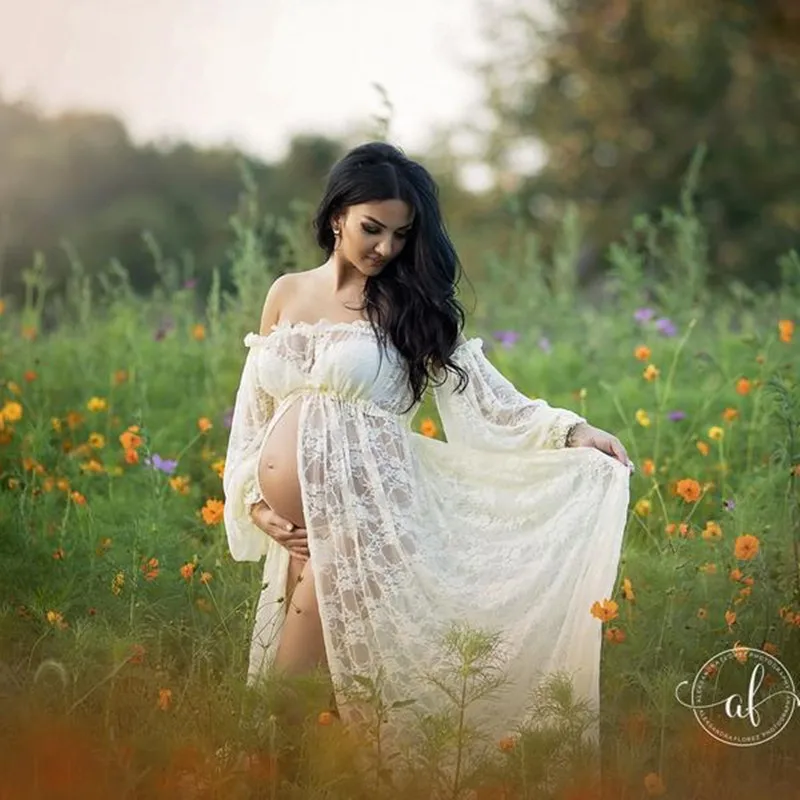 

Maternity Photography Maxi Dress For Photo Shooting Slit Open Slash Neck Flower Lace Pregnancy Photo Shoot Long Lace Dress